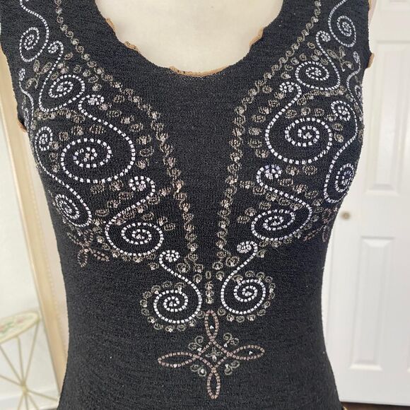 Boho Whimsygoth Black Brown Beaded Embellished Baby Tee Crop Top M - Picture 3 of 7